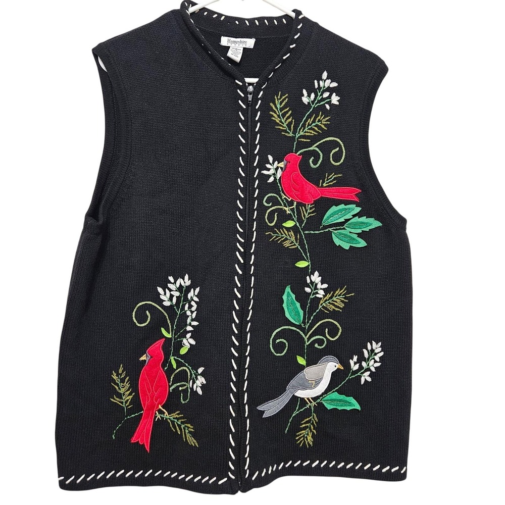 VTG Cardinal Bird Embroidered‎ Sweater Vest 1X Cotton FullZipCottagecore Nature